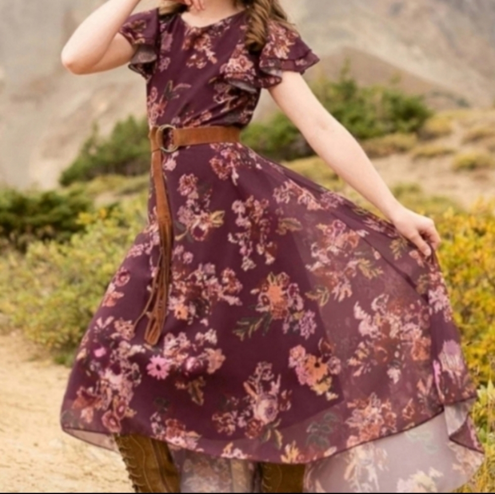 New Joyfolie Plum Ikat Jen Cream Flutter Sleeve Girls Dress 14 NWT